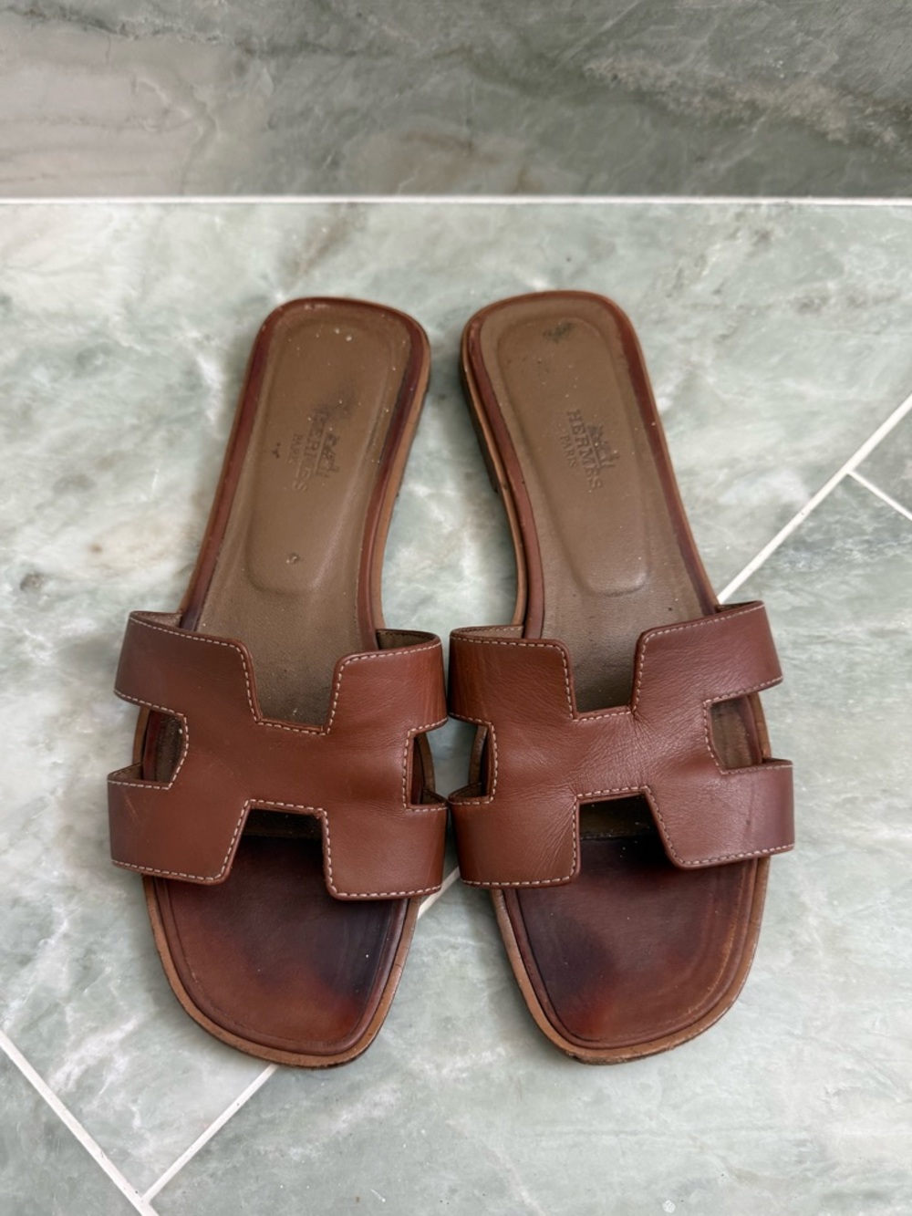 Authentic Hermes Brown Oran H Slide Leather Sandals